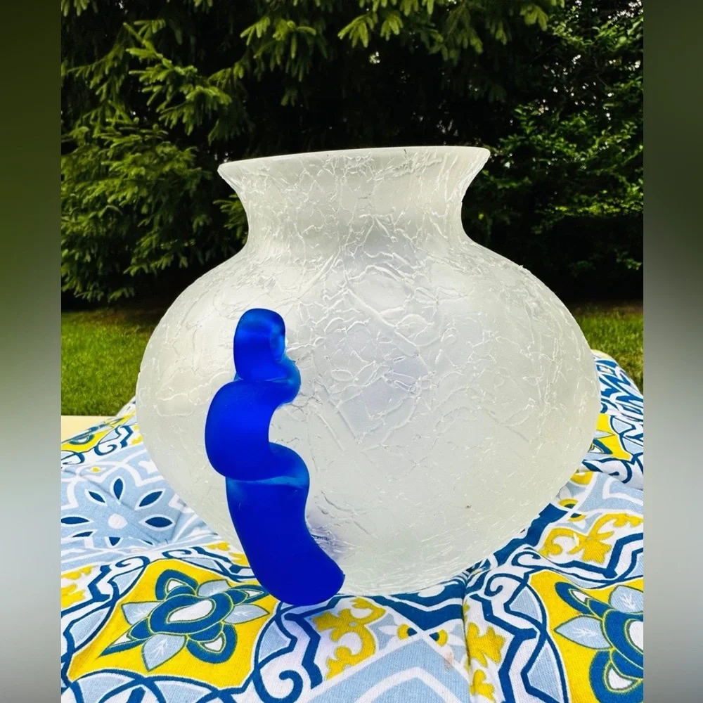 STUDIO ART FROSTED WHITE CRACKLE VASE w/ COBALT BLUE HANDLES
